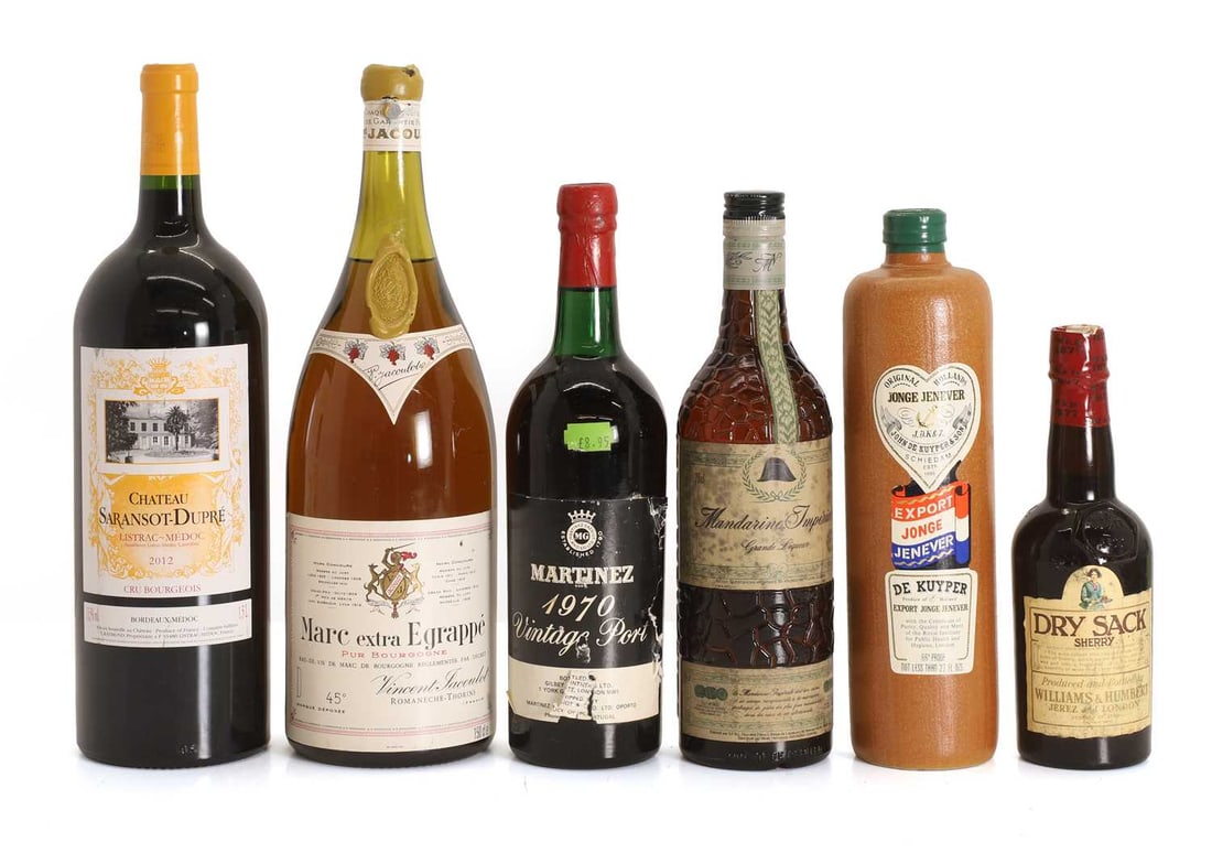 A selection of wines & spirits: A selection of wines & spirits comprising 1 x Martinez, Vintage Port, 1970,1 x Chateau Saransot-Dupre, Listrac-Medoc, 2012, 1 x Mandarine Napoleon, Grande liqueur, 1 x Jonge Jenver, John de Kuyper, 1 