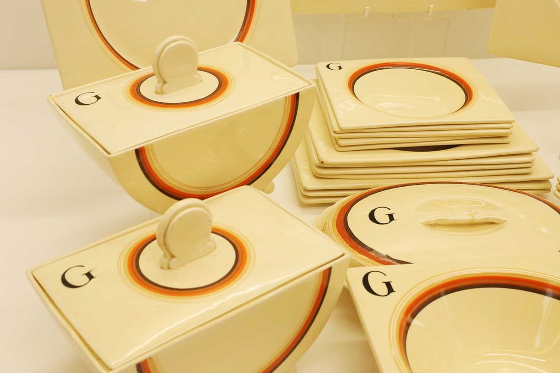 A collection of Clarice Cliff Bizarre dinnerwares, 1930s, each piece banded and with 'G', - 2