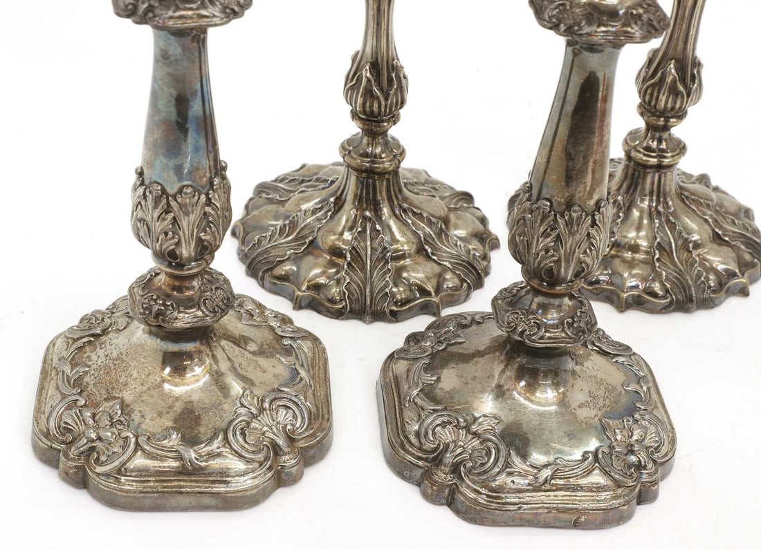 Two pairs of silver-plated candlesticks, 19th century, - 2