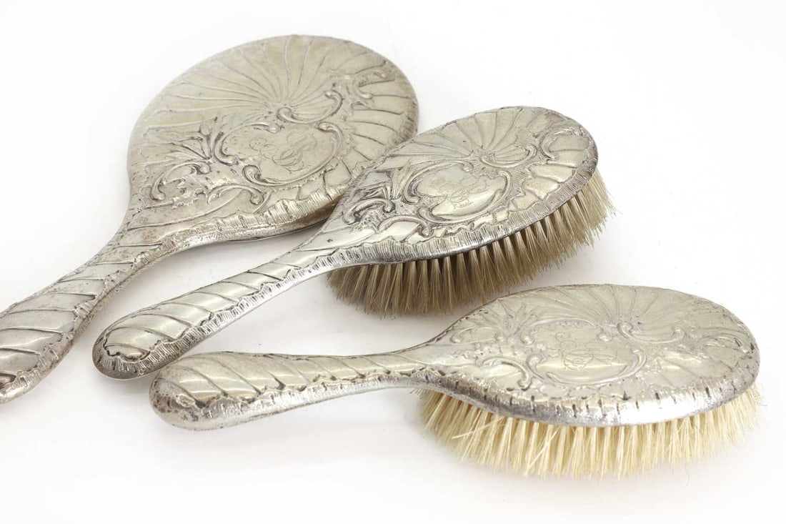 A German seven piece 800 standard silver backed and mounted dressing table set, - 2