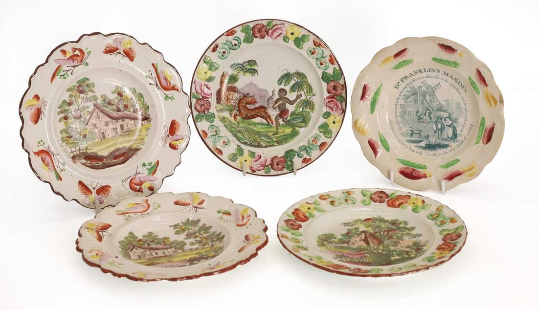 Five transfer printed and painted plates, early 19th century,: Five transfer printed and painted plates, early 19th century, one titled 'Dr Franklin's Maxim's' 15 and 16.5cm diameter 5 Condition Report: Flaking and wear, one cracked.