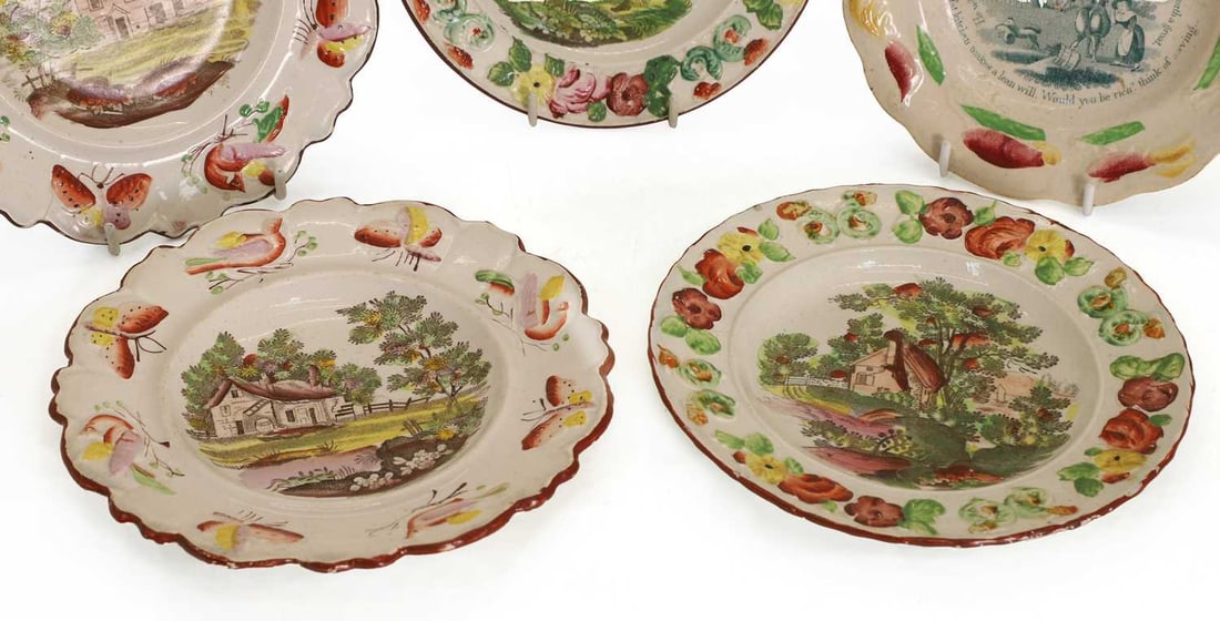 Five transfer printed and painted plates, early 19th century, - 2