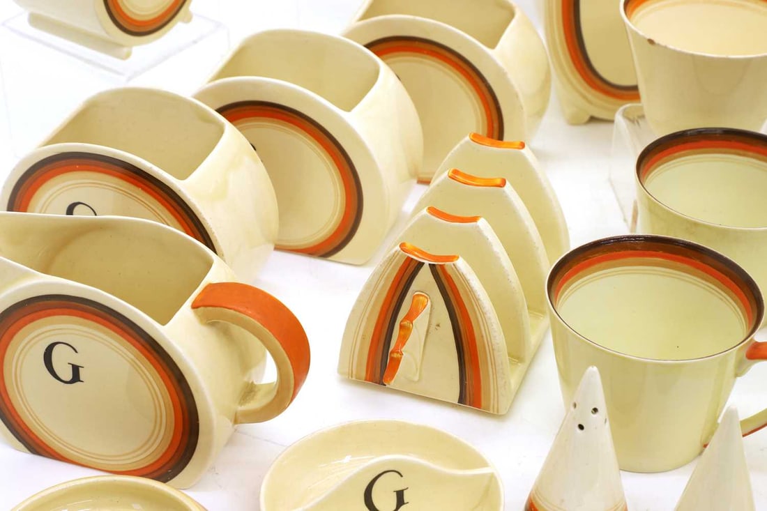 A collection of Clarice Cliff Bizarre teawares, 1930s, each piece banded and with 'G', - 2