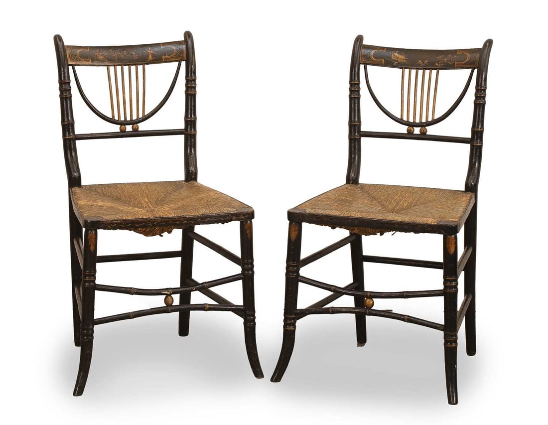 A pair of Regency black and gilt-japanned wooden side chairs, early 19th century, (1 of 10)