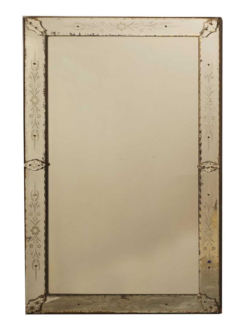 A Venetian-style wall mirror, 19th century,: A Venetian-style wall mirror, 19th century, the rectangular plate surounded by an etched and detailed border with six applied glass motifs 146cm high 46cm wide, Condition Report: Some desilvering and 