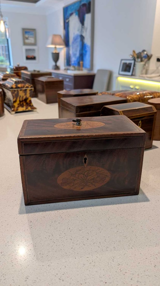 A mahogany floral inlaid rectangular tea caddy, - 3