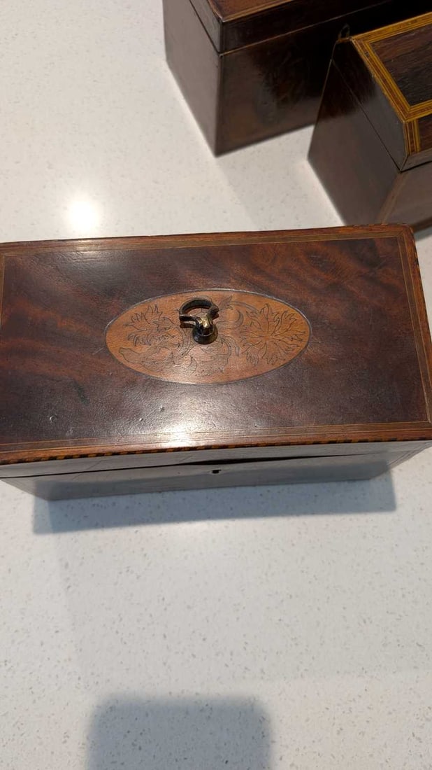 A mahogany floral inlaid rectangular tea caddy, - 4