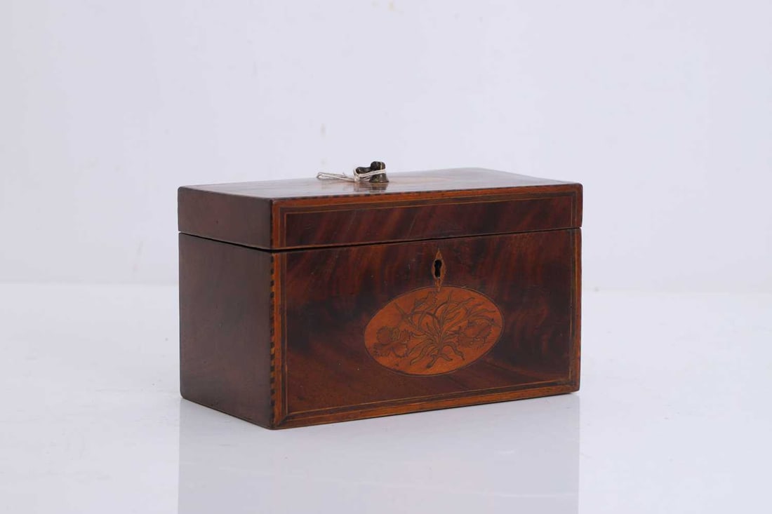 A mahogany floral inlaid rectangular tea caddy, - 5