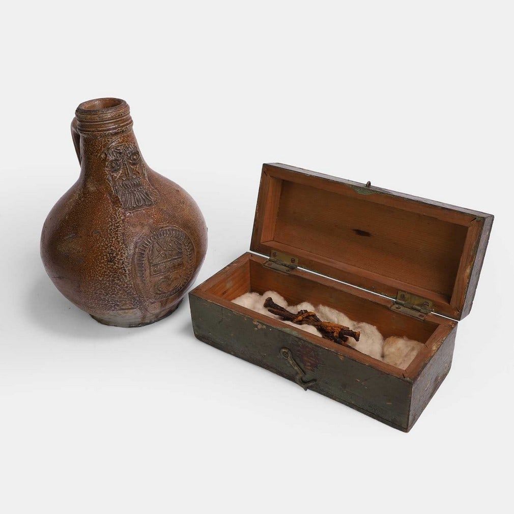A salt-glazed stoneware witch's bellarmine bottle, 17th century, (1 of 1)