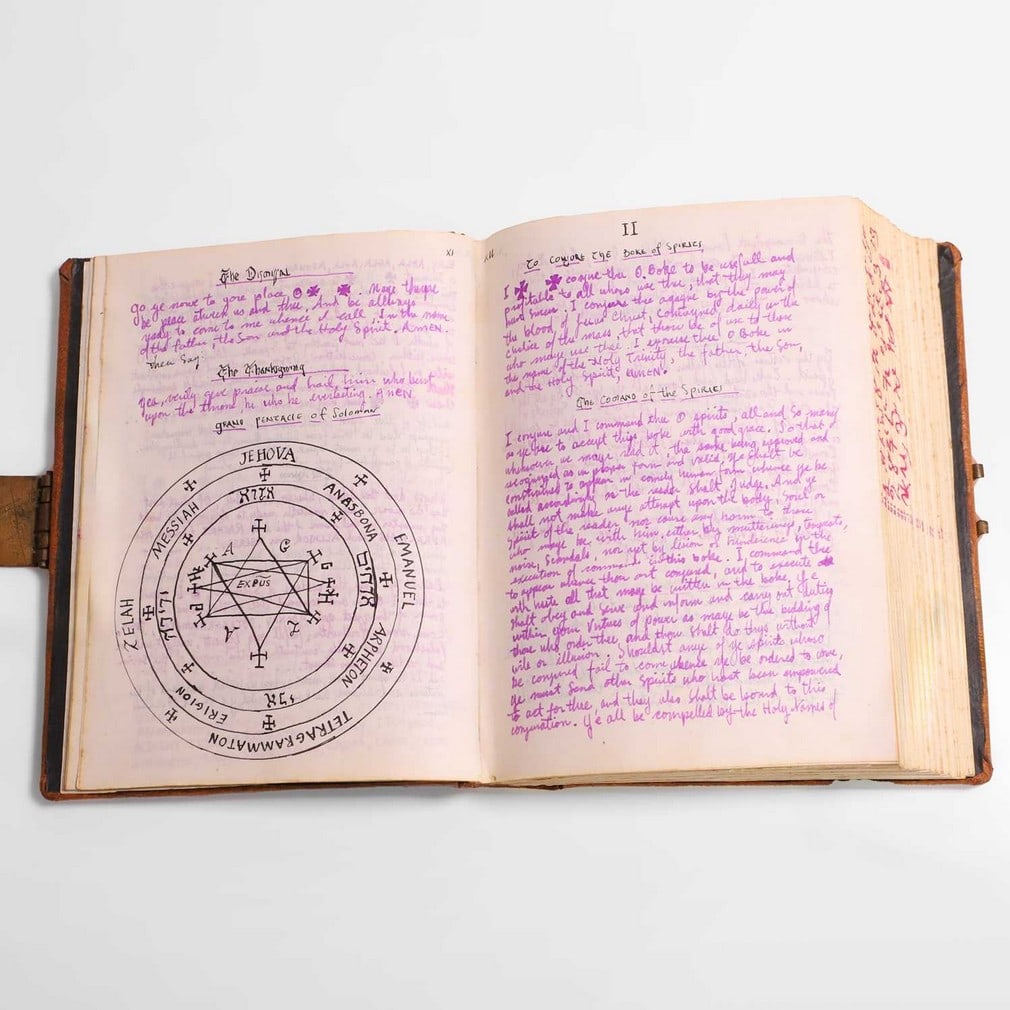 A witches' coven or cult grimoire manuscript book, late 20th century,: A witches' coven or cult grimoire manuscript book, late 20th century, a pigskin-bound notebook with a brass hinge, with notes, diagrams and drawings in various hands which detail the roles of the hier