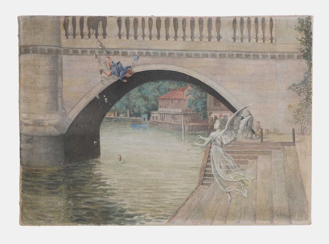 English School, early 20th century 'Guardian Angel': English School, early 20th century 'Guardian Angel' indistinctly signed, titled verso, oil on canvas (28 x 41cm, unframed)