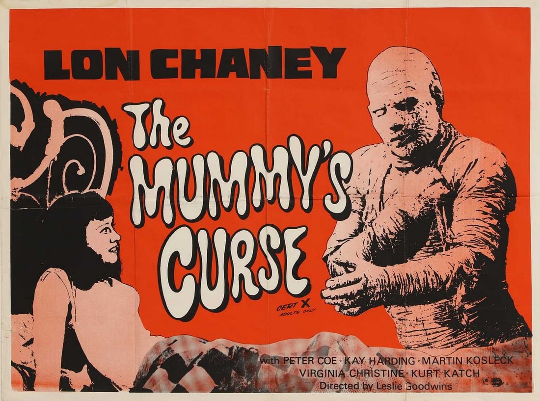 The Mummy's Curse' film poster, circa 1960s,: The Mummy's Curse' film poster, circa 1960s, re-issue, after the original in 1944, the film starring Lon Chaney (76 x 100.5cm) Footnote: Gossip trivia. Virginia Christine (the lead actress) has stated