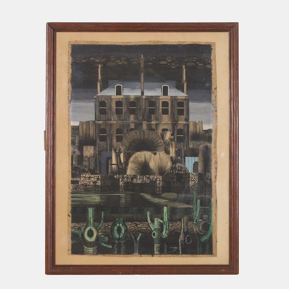 English School, 20th century A spooky house, circa 1960s: English School, 20th century A spooky house, circa 1960s unsigned, with the artist's working annotations to the margins, mixed media (55 x 38cm; framed 64.5 x 49cm) Condition Report: Mounted, glazed a
