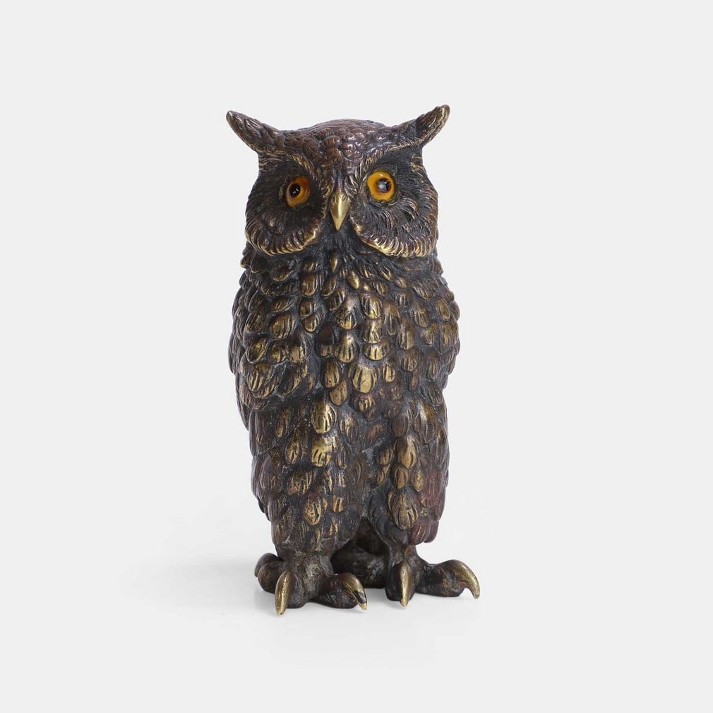 A Victorian bronze owl, late 19th century, (1 of 2)