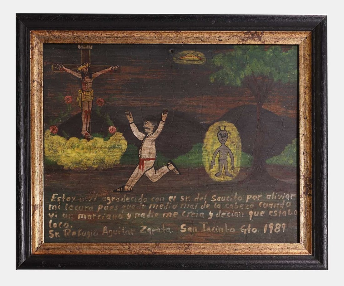 A Mexican retablo devotional folk art picture, circa 1989, (1 of 2)
