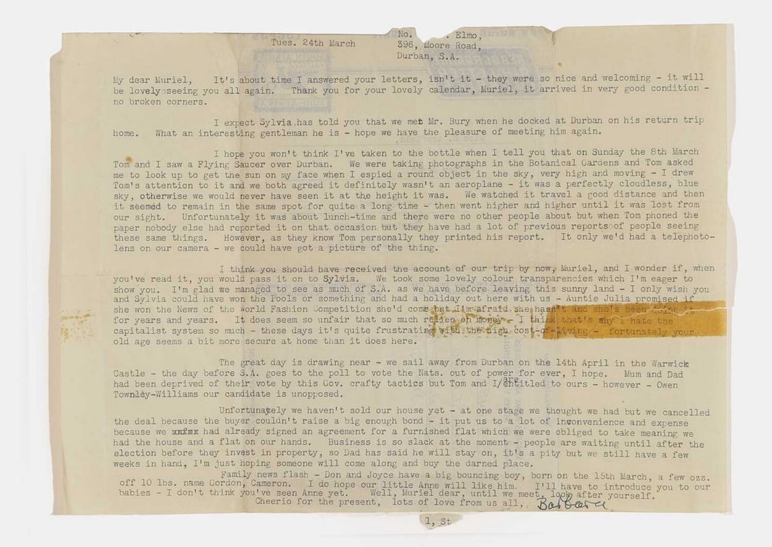 A letter detailing a flying saucer encounter, circa 1953, (1 of 2)