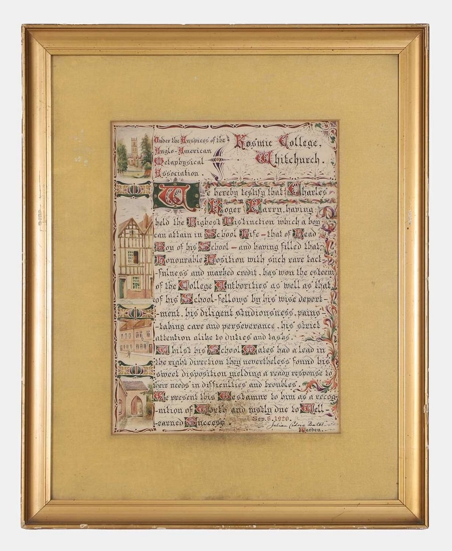 A Kosmic College certificate, dated 1920,: A Kosmic College certificate, dated 1920, an illuminated manuscript certificate presented to Charles Roger Parry in 1920 to recognise his achievements as 'Head Boy' at the (spurious) Kosmic College, W