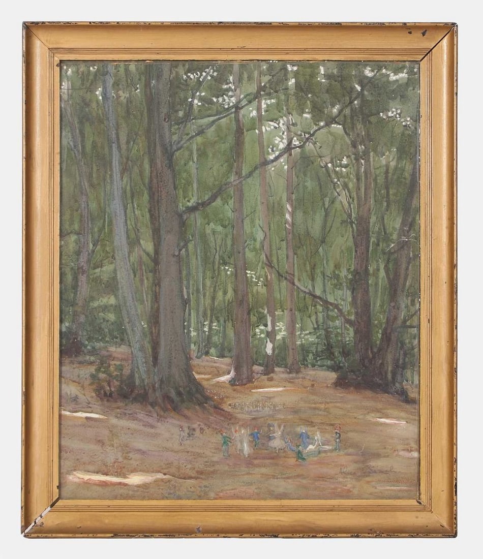Alice Beach (British, 20th century) Fairies in a woodland glade: Alice Beach (British, 20th century) Fairies in a woodland glade signed in pencil, with an indistinct label to the reverse and dated '15.10.20', watercolour (46 x 39cm; framed 54.5 x 47cm) Condition Re