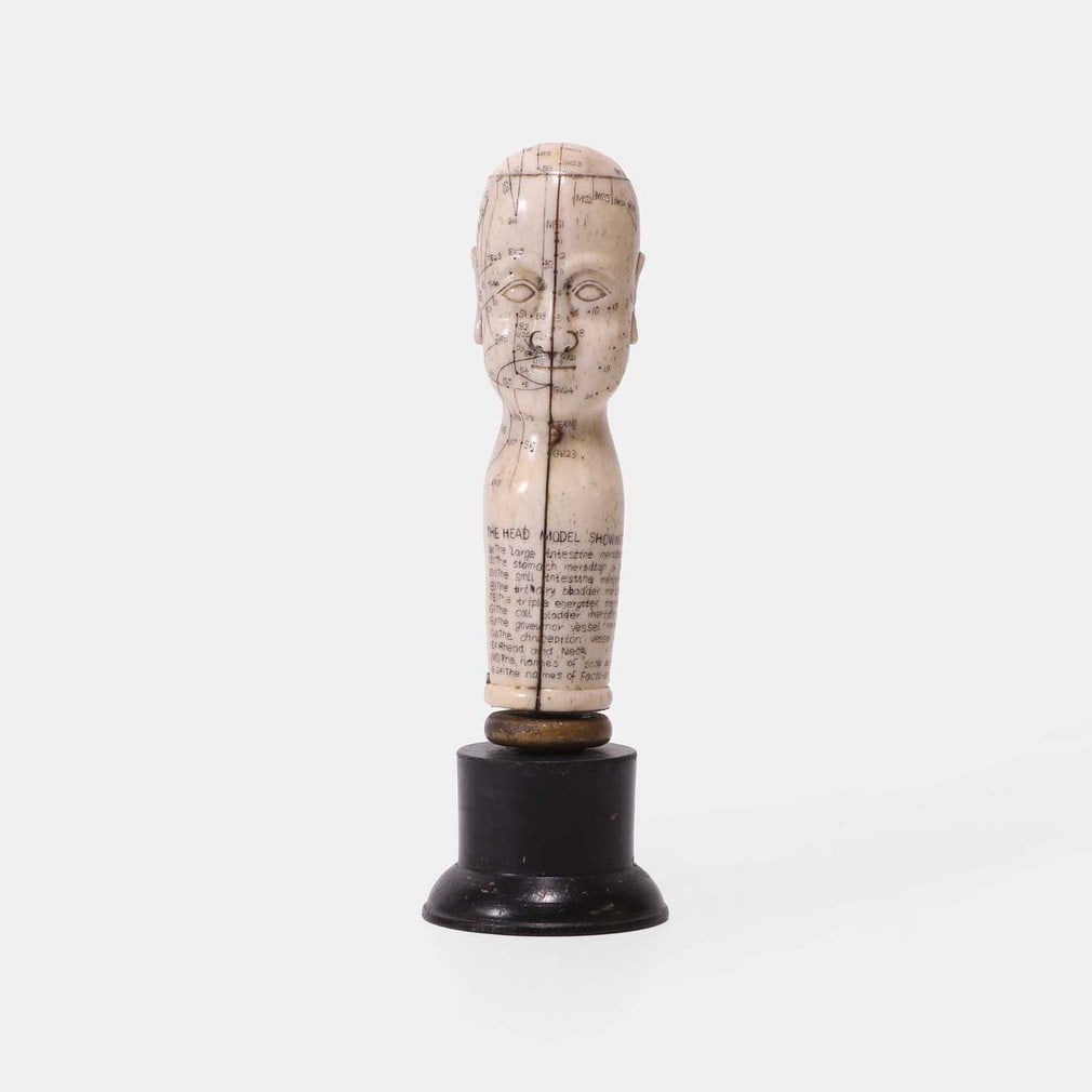 A carved bone acupuncture teaching aid, 19th century,: A carved bone acupuncture teaching aid, 19th century, illustrating the meridian points of the head, probably a walking stick handle, includes an inscribed key and teaching notes towards the base, on a