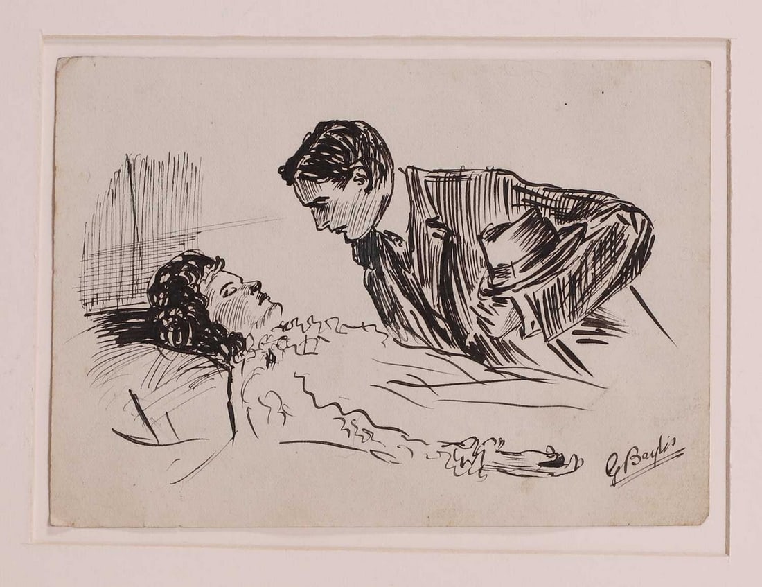 G... Baylis (20th century) An unusual post-mortem drawing of a man looking at his wife's dead: G... Baylis (20th century) An unusual post-mortem drawing of a man looking at his wife's dead body, in the style of Charles Dana Gibson pen and ink (11 x 15.5cm, unframed) Condition Report: Moun