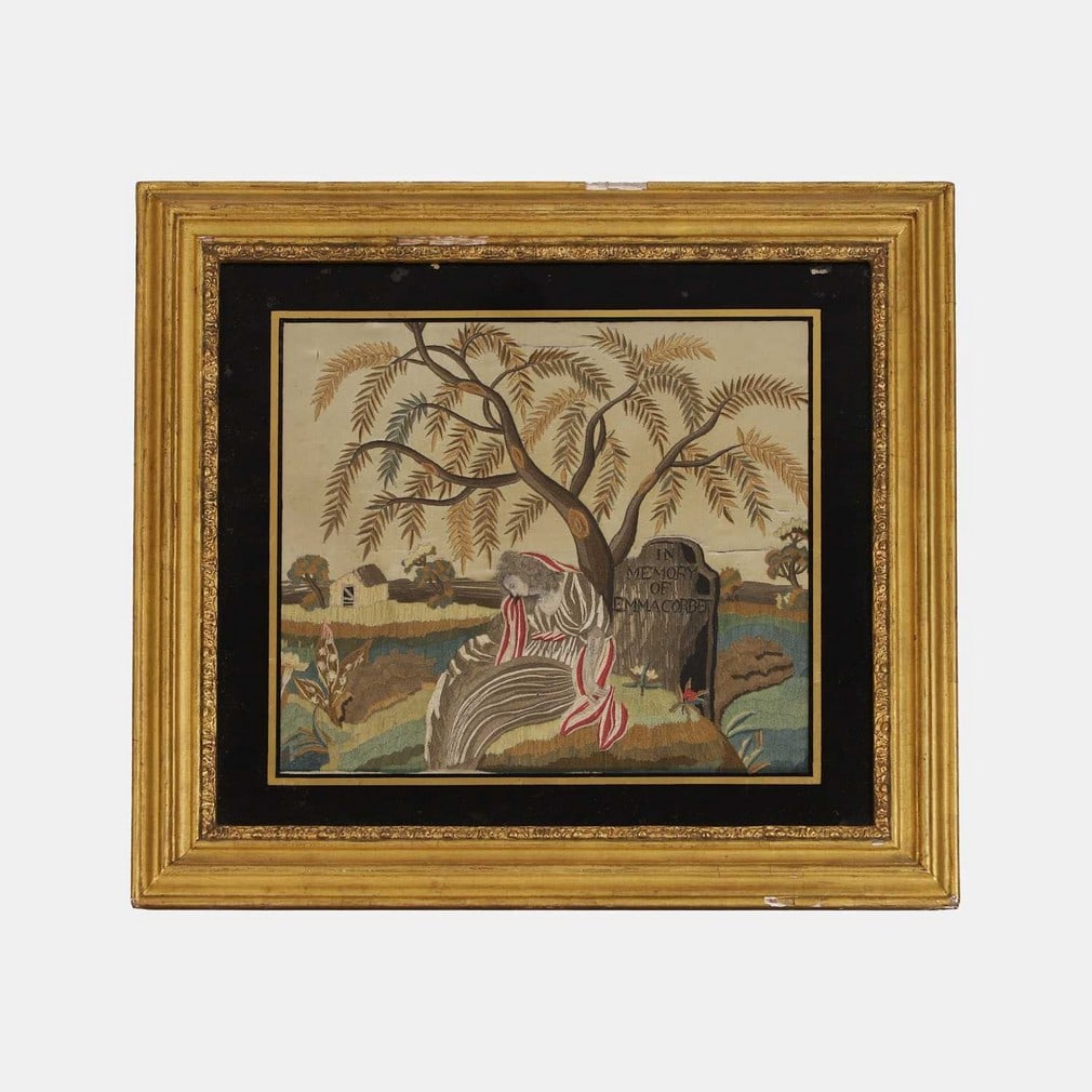 A memento mori embroidery, early 19th century,: A memento mori embroidery, early 19th century, depicting a young woman seated in mourning next to the tombstone of Emma Corbet, verso there is the remains of a handwritten note reading: 'Virtue mourni