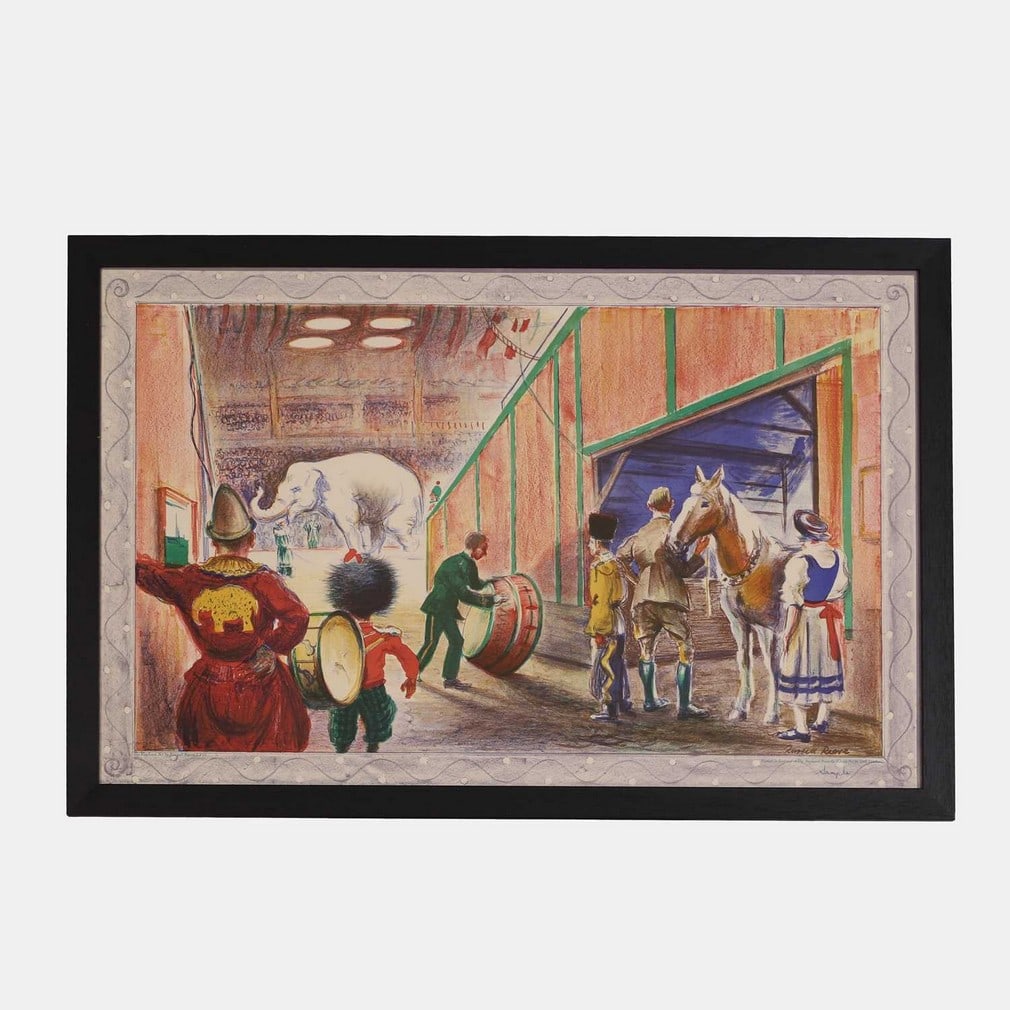 ▲ Russell Sidney Reeve (British, 1895-1970) The Elephant Act: ▲ Russell Sidney Reeve (British, 1895-1970) The Elephant Act lithograph printed in colours, 1948, SP17, inscribed 'sample', printed by The Baynard Press for School Prints Ltd., London, on thin w