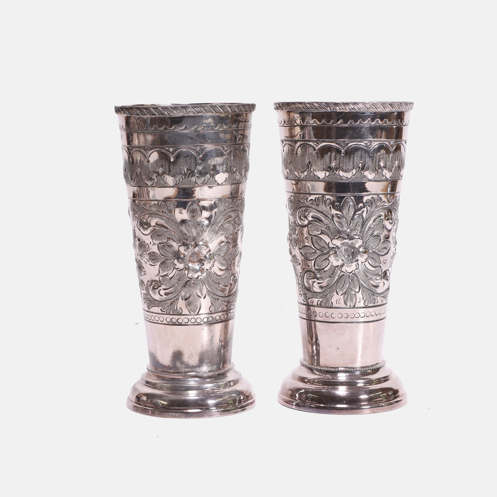 An unusual pair of plated Britannia metal 'Cruft's Dog Show' trumpet vases, circa 1900,: An unusual pair of plated Britannia metal 'Cruft's Dog Show' trumpet vases, circa 1900, each with a gadrooned border and with a 'Cruft's Dog Show' monogrammed applied cartouche on one side, stamped 'J