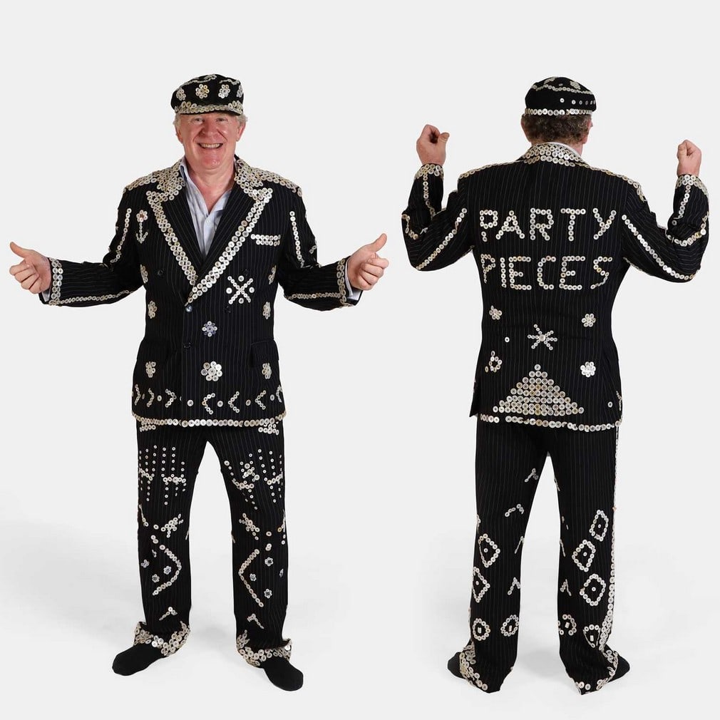 A Pearly King two-piece suit and a cap, circa late 1950s or early 1960s, (1 of 1)