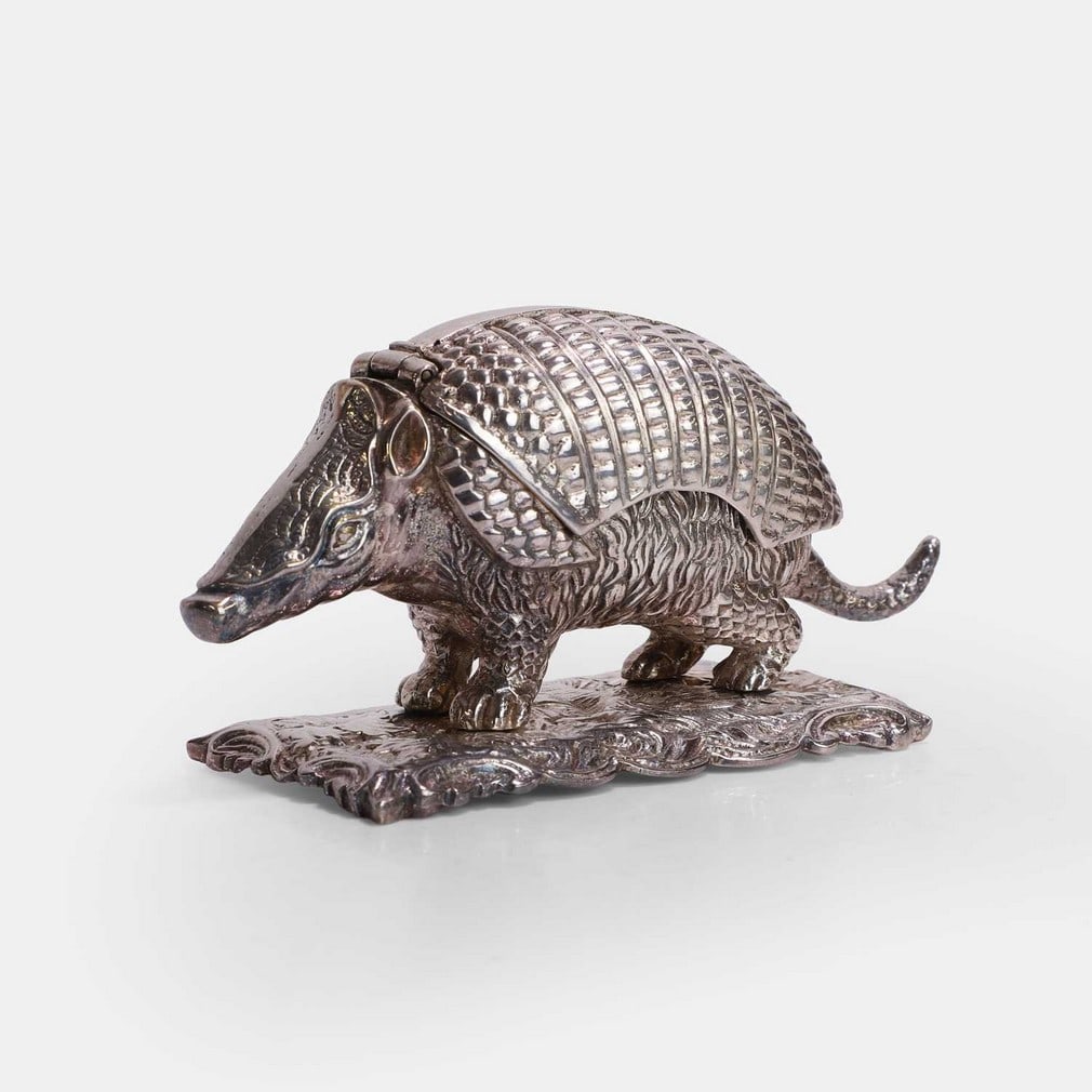 A novelty silver-plated and cast armadillo inkwell, circa 1860, (1 of 2)