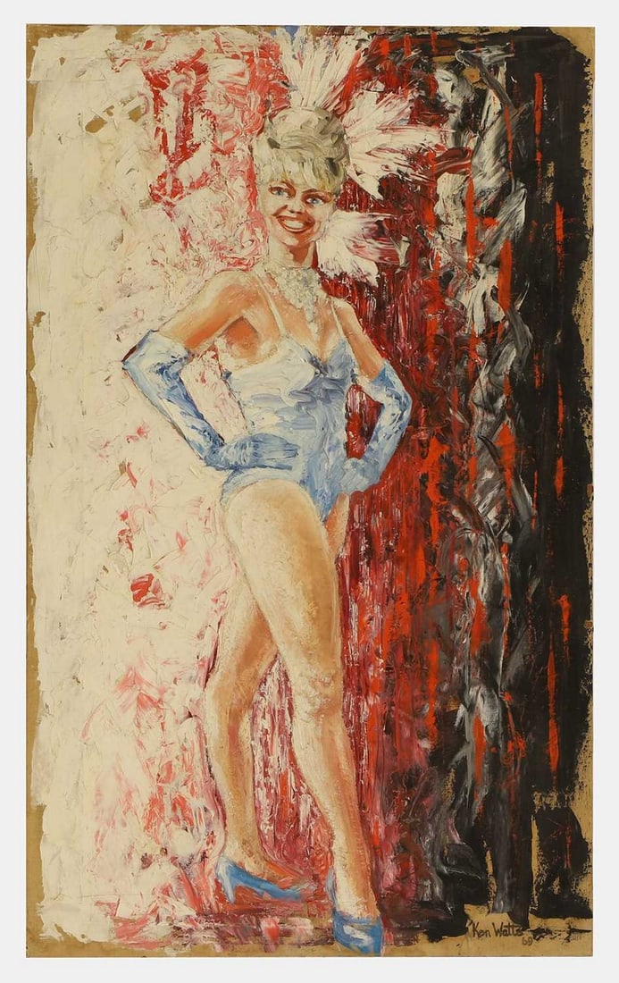 Ken Watts (20th century) Showgirl: Ken Watts (20th century) Showgirl signed and dated 'Ken Watts/69' l.r., inscribed verso, oil on canvas (76 x 46cm; unframed)