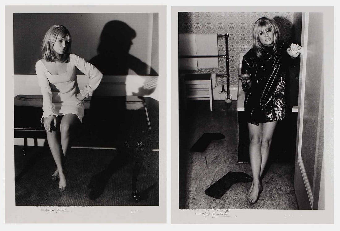 Michael Ward (British, 1929-2011) 'Julie Christie, London, 1963': Michael Ward (British, 1929-2011) 'Julie Christie, London, 1963' an archival pigment print photograph, of Julie Christie in her bathroom wearing a leather raincoat, printed later, signed 'Michael Ward