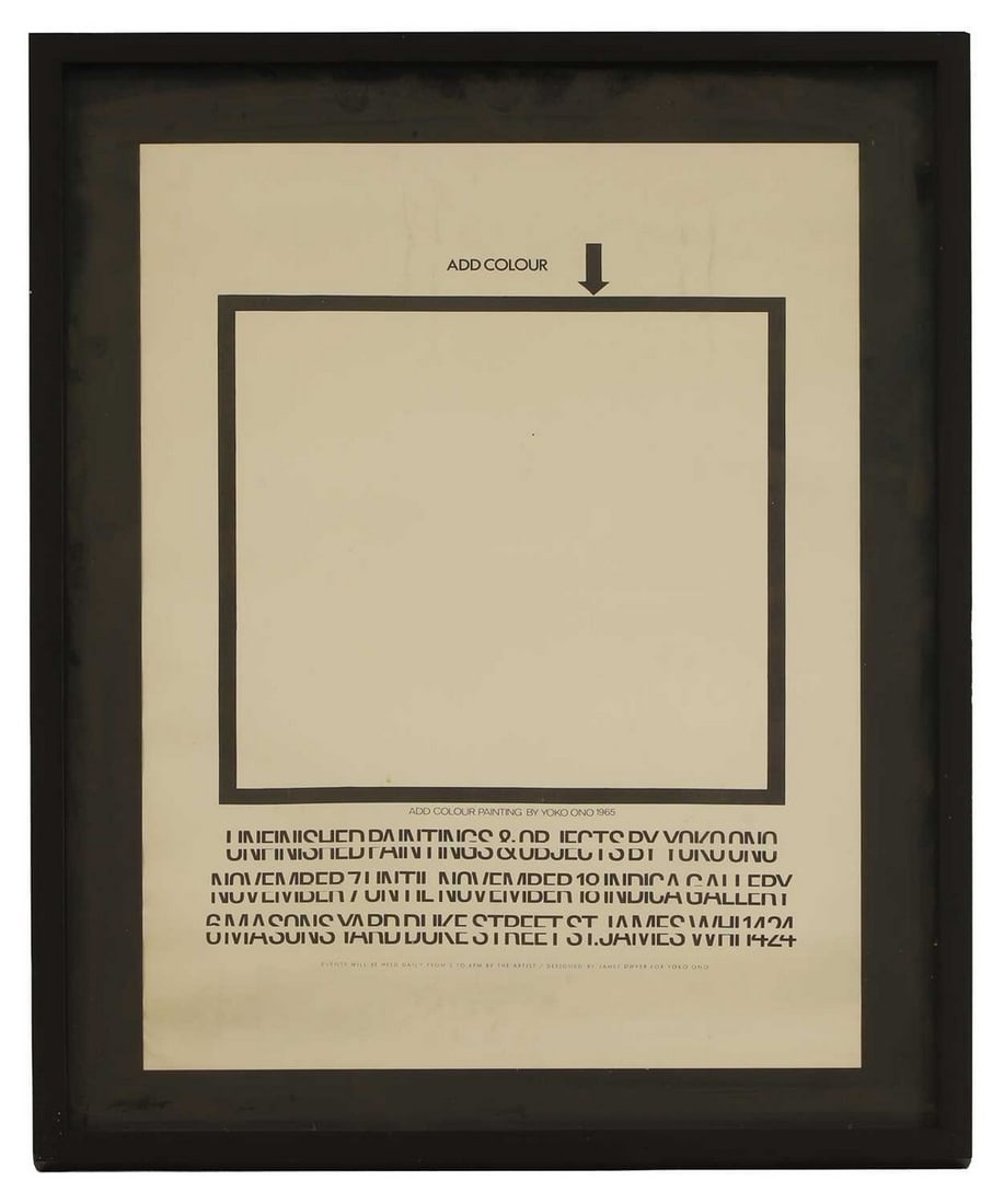 Yoko Ono: an Indica Gallery exhibition poster, 'Unfinished Paintings & Objects', circa 1966, (1 of 2)