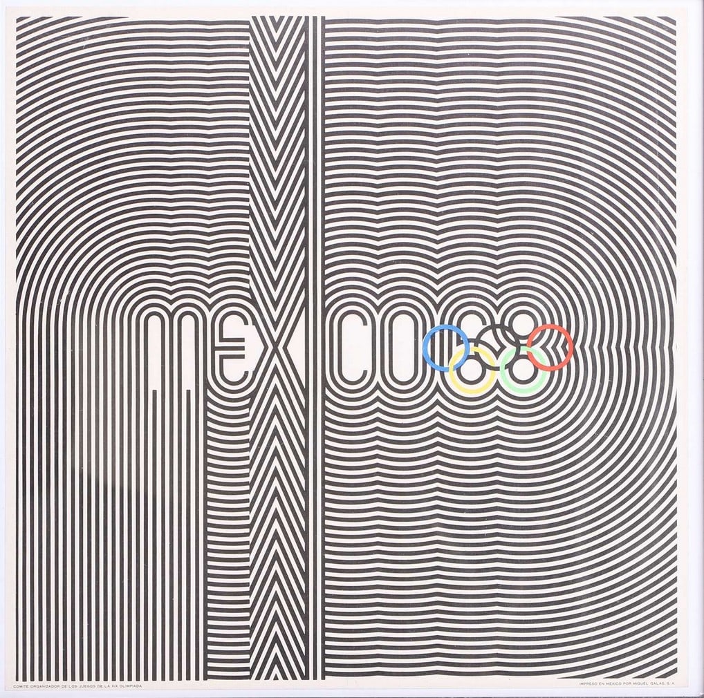 A Mexico 68 Olympics poster, circa 1968, designed by Lance Wyman,: A Mexico 68 Olympics poster, circa 1968, designed by Lance Wyman, a printed lithograph, printed by 'Comité Organizador de los Juegos de la XIX Olimpiada impreso en Mexico por Miguel Galas SA' (30