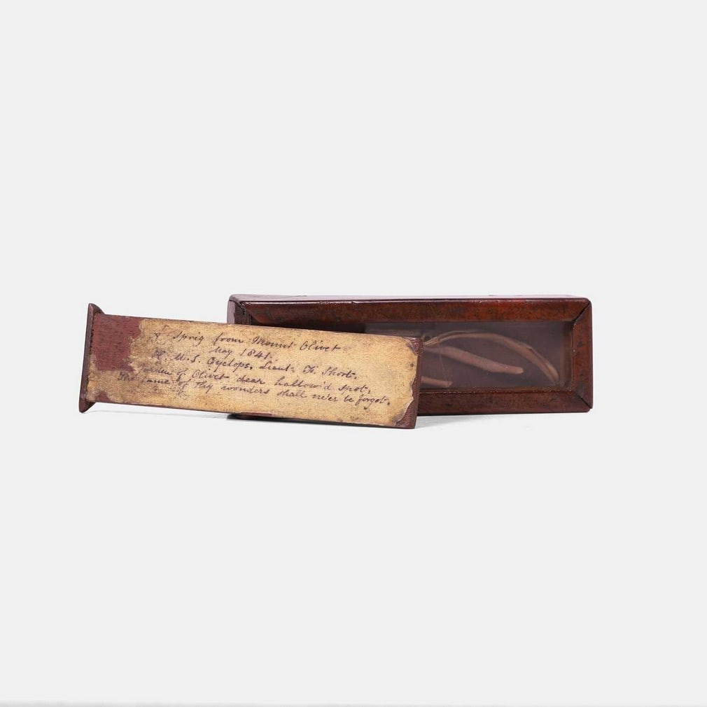 Of Jewish and slave interest: a souvenir from the Mount of Olives, dated May 1841,: Of Jewish and slave interest: a souvenir from the Mount of Olives, dated May 1841, mounted in a mahogany box, with a glass top, and with a sliding cover, inscribed 'A sprig from Mount Olivet/HMS Cyclo