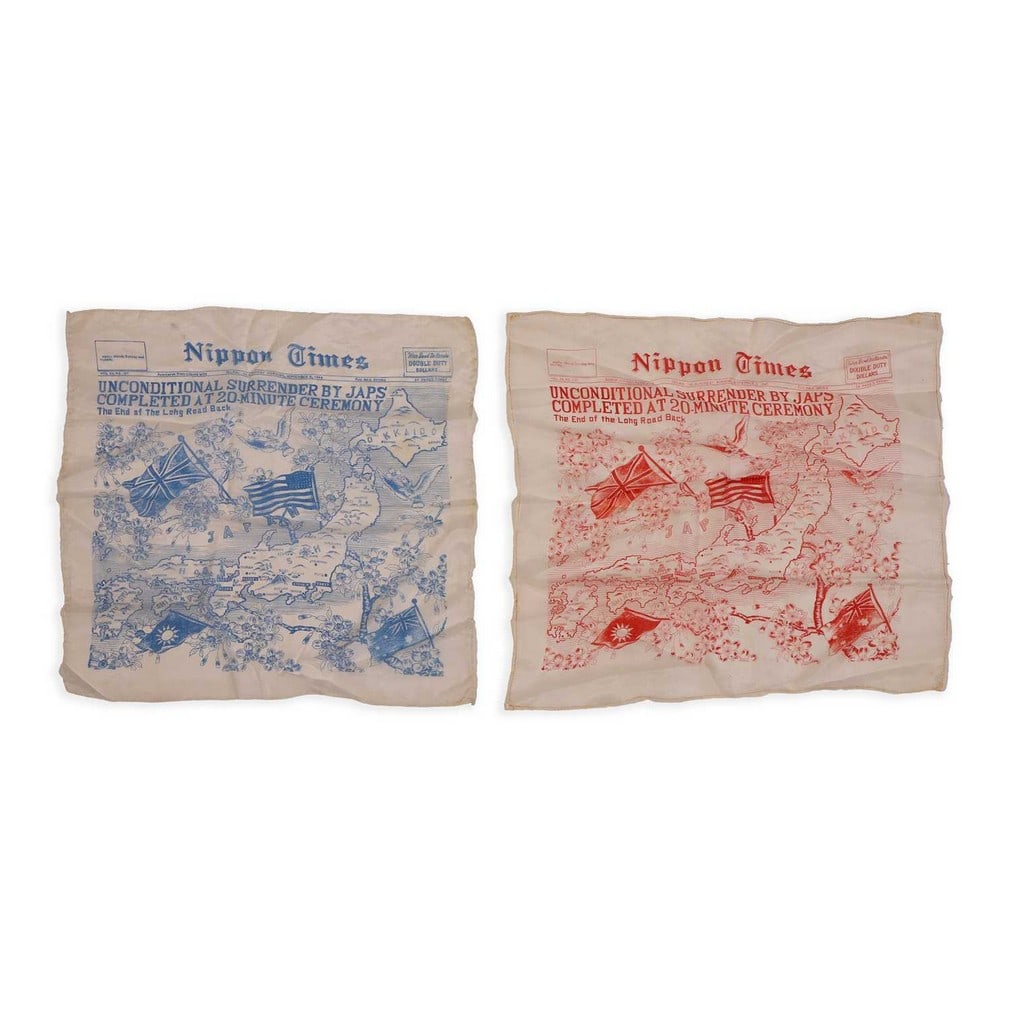 Two Second World War Japanese surrender commemorative silk handkerchiefs, circa 1945, (1 of 2)