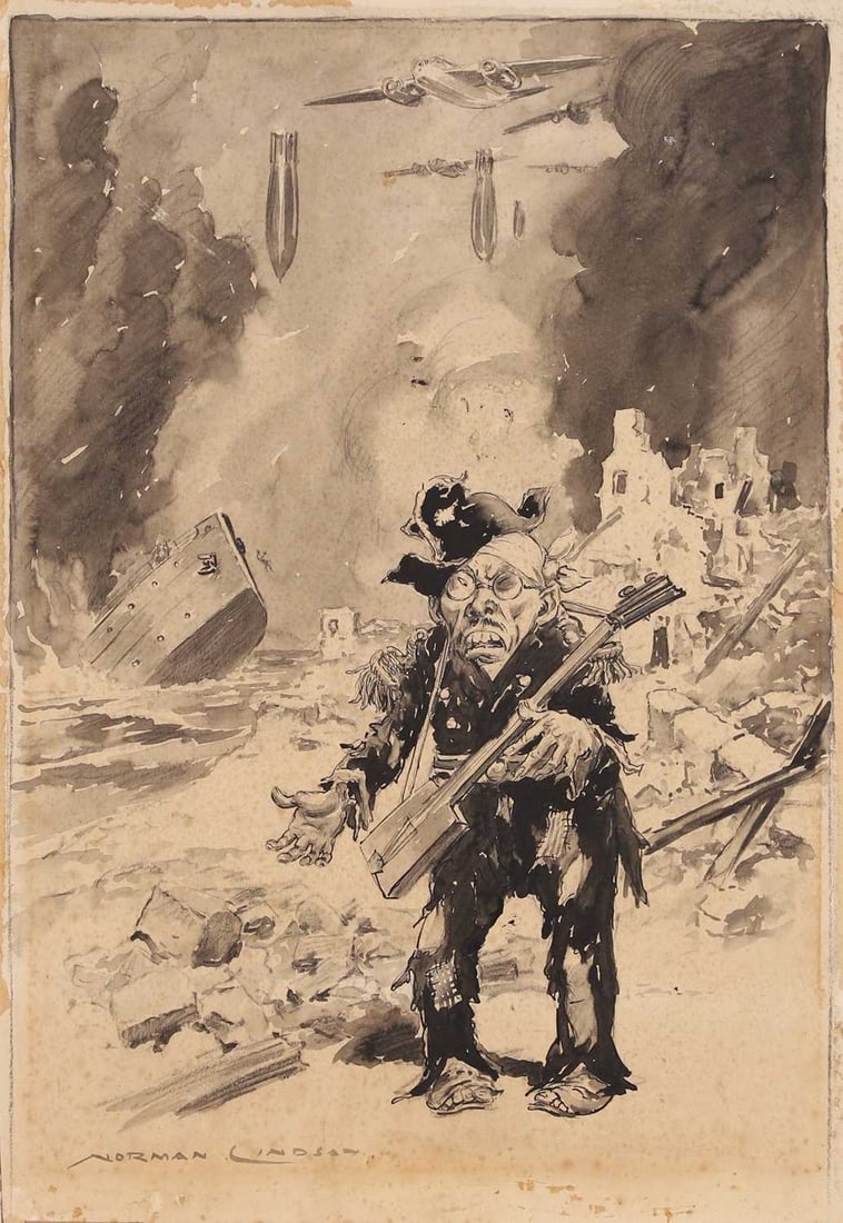 ▲ Norman Lindsay (Australian, 1879-1969) 'Sea Change', World War Two, May 1945: ▲ Norman Lindsay (Australian, 1879-1969) 'Sea Change', World War Two, May 1945 signed 'Norman Lindsay' l.l., with title and date on label verso, pen and ink and wash (51.5 x 35.5cm, unframed) Fo
