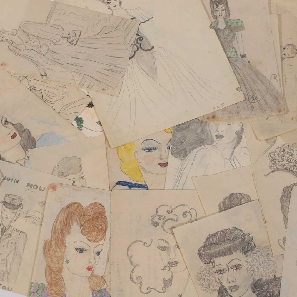 A group of sixty-five Second World War 'outsider art' fashion pencil drawings, circa 1942-1944, by: A group of sixty-five Second World War 'outsider art' fashion pencil drawings, circa 1942-1944, by Gwen Kent, some coloured, including a WAAF ATS poster design, portraits and full-length designs, some