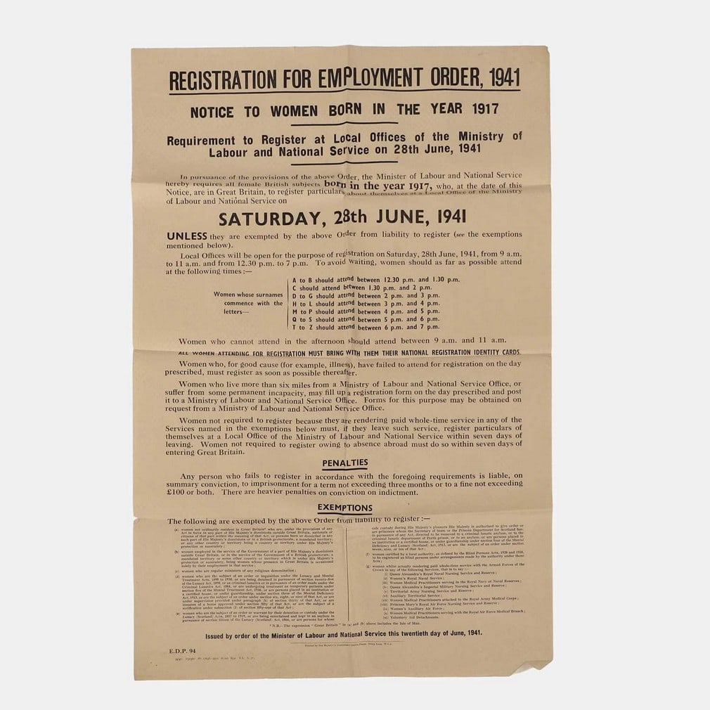 A Second World War Women's Employment Order poster, circa 1941, (1 of 1)