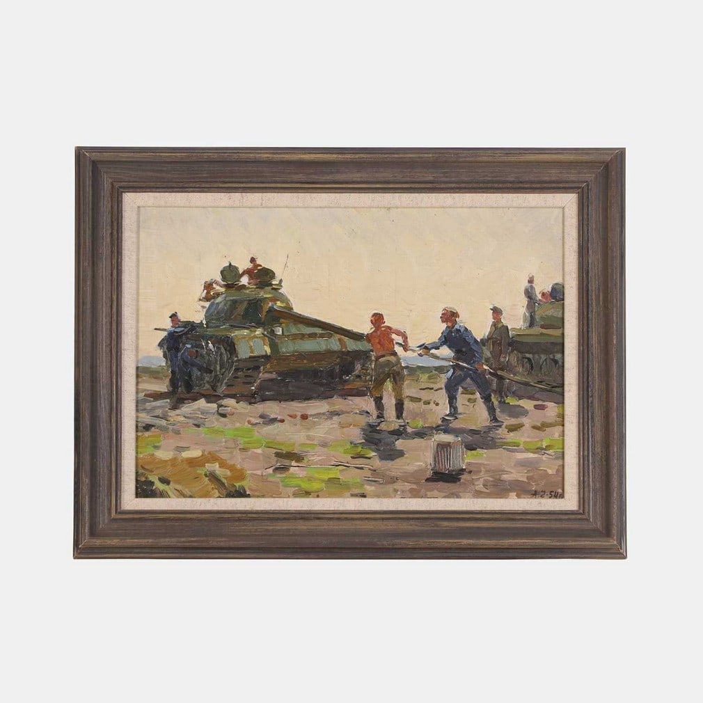 Anna Cherednichenko (Russian, 1917-2006) 'Cleaning the barrel': Anna Cherednichenko (Russian, 1917-2006) 'Cleaning the barrel' signed with monogram and dated '54' l.r., oil on board (24 x 34cm; framed 32 x 42.5cm) Condition Report: Varnish discoloured, could benef