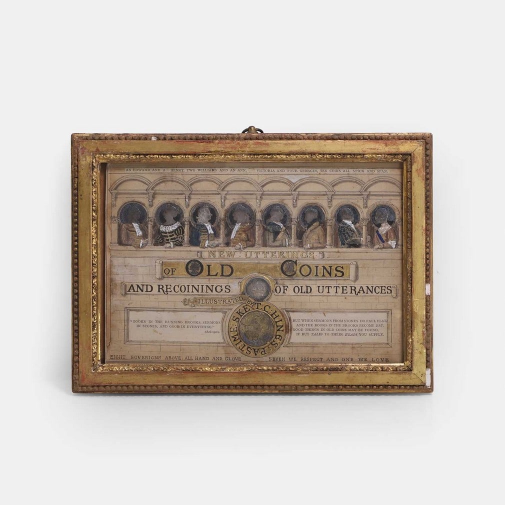New Utterings of Old Coins and Recoining of Old Utterances', by TC Hines, 19th century,: New Utterings of Old Coins and Recoining of Old Utterances', by TC Hines, 19th century, an unusual and unique numismatic and rhyme display of coins, representing monarchs from William III to Queen Vic