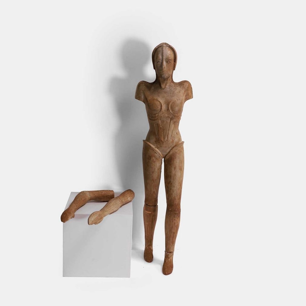 A Maria robot figure from the film 'Metropolis', mid-20th century,: A Maria robot figure from the film 'Metropolis', mid-20th century, an unusual and unfinished plaster, resin, and wood figure of the robot Maria from the film 'Metropolis', the arms articulated at the 