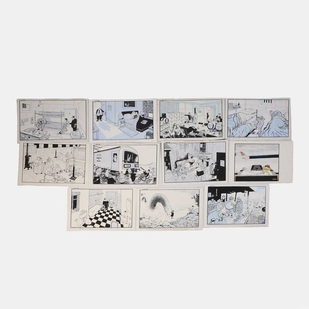 Stanley McMurtry aka 'Mac' (British, b.1936) A collection of ten cartoons, 2001 and later: Stanley McMurtry aka 'Mac' (British, b.1936) A collection of ten cartoons, 2001 and later mixed subjects for the 'Daily Mail', pen and ink and watercolour heightened with white (largest 38 x 56cm) (10