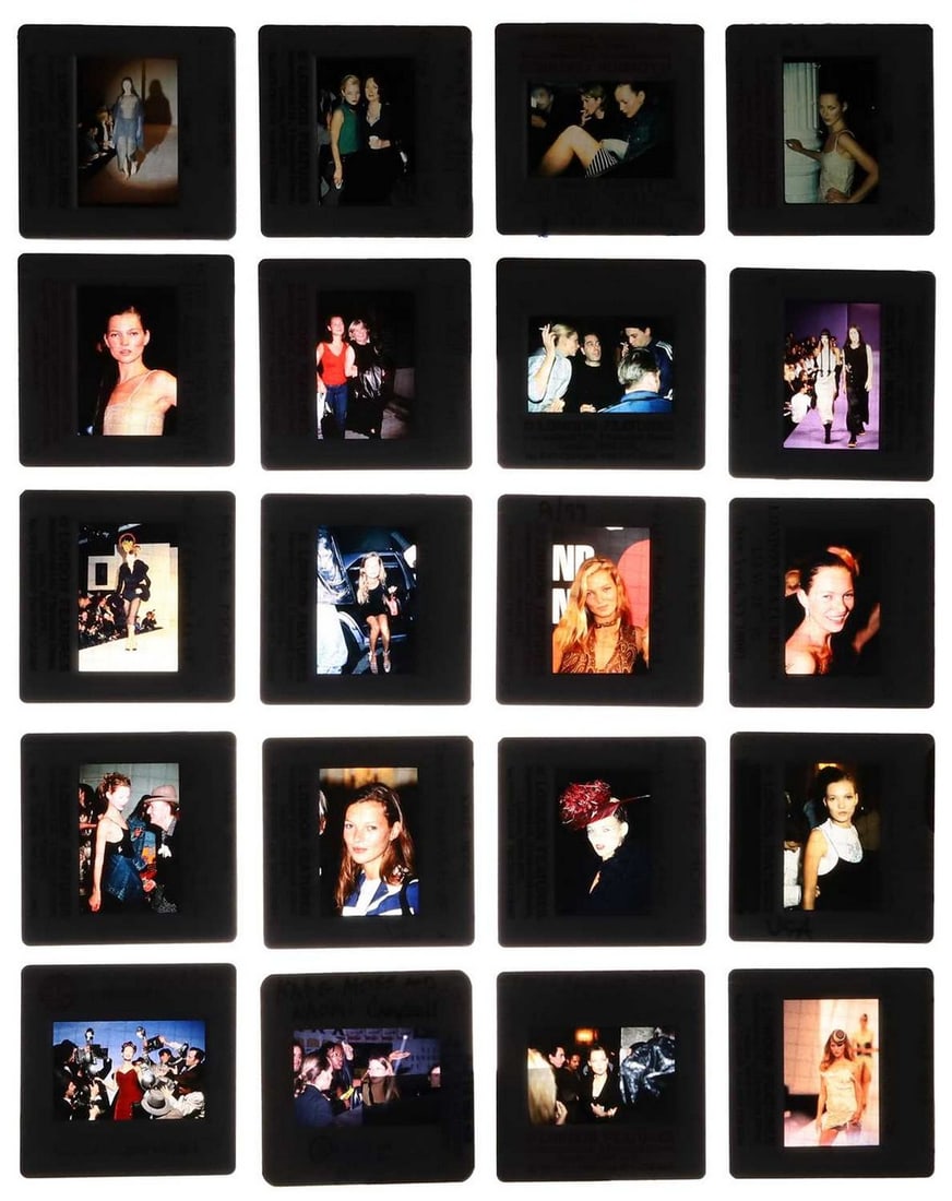 A collection of twenty Kate Moss transparencies, 1990s,: A collection of twenty Kate Moss transparencies, 1990s, comprising catwalk, parties and candid portraits, with various celebrities including John Galliano, Marianne Faithfull, Naomi Campbell, Jude Law