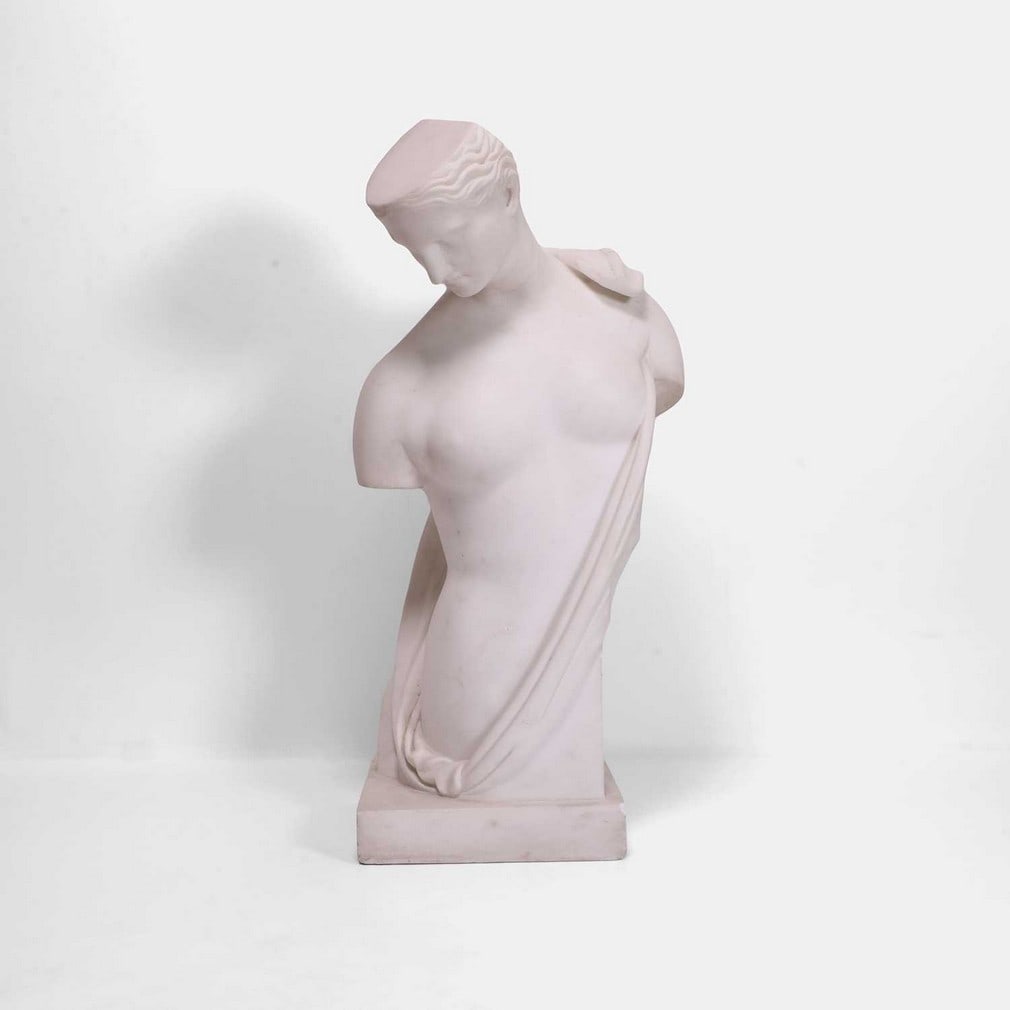 A Grand tour marble figure of Psyche of Capua, 19th century, after the antique attributed to Scopas,: A Grand tour marble figure of Psyche of Capua, 19th century, after the antique attributed to Scopas, the white marble figure with an angular head, her torso draped in a robe, on a square plinth, inscr