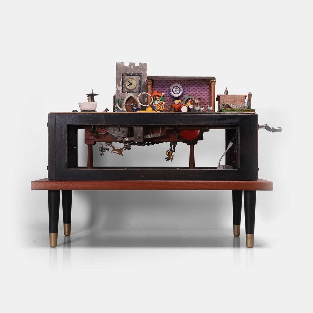 An English scratch-built automaton, circa 1960s,: An English scratch-built automaton, circa 1960s, the figures work by hand crank, the fox's head pops up in the chicken coop, a skeleton rises from the grave, a boy chases a dog who has stolen some sau