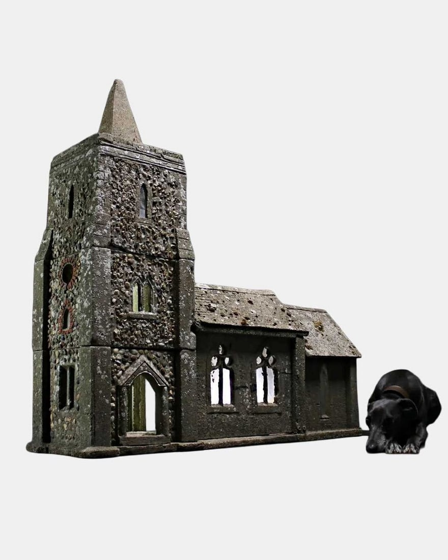 A large concrete model of an English parish church, circa 1920,: A large concrete model of an English parish church, circa 1920, detailed with Gothic windows and a weathered exterior, in nine sections (128cm wide, 36cm deep, 126cm high)