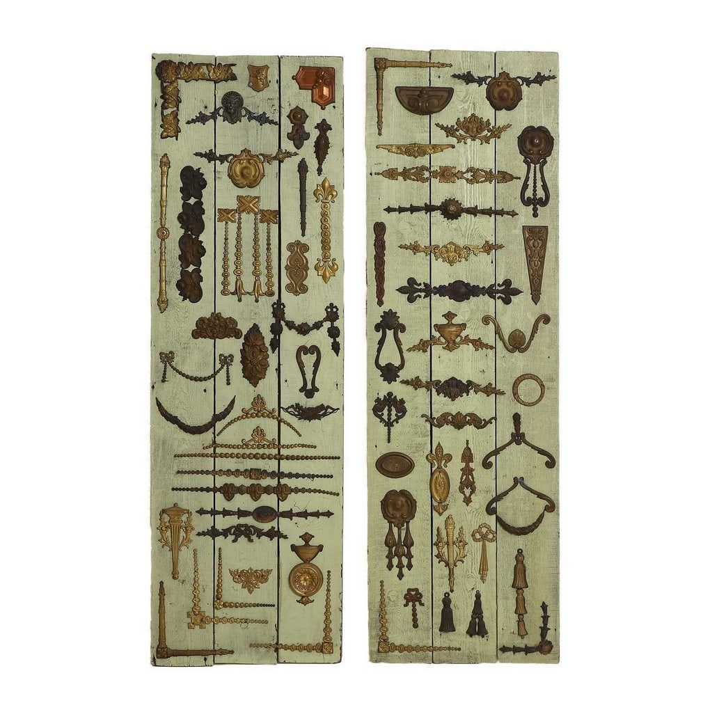 A pair of salesman’s sample boards of furniture mounts, circa 1910, French, (1 of 2)