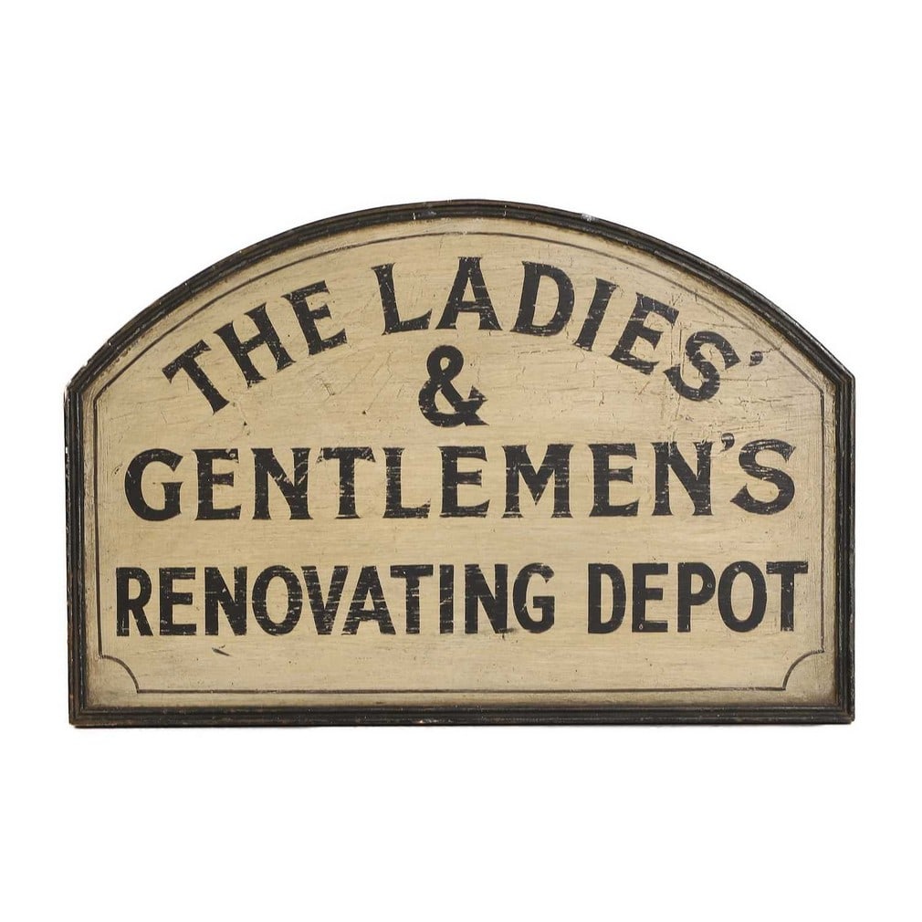 A 'Ladies' and Gentlemen's Renovating Depot' trade sign, 20th century,: A 'Ladies' and Gentlemen's Renovating Depot' trade sign, 20th century, the arched panel, with a moulded frame, painted in cream and black (60 x 91.5cm)