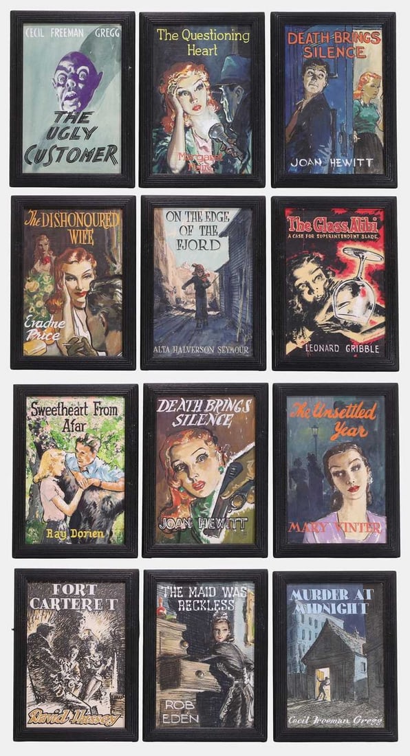 Twelve book cover illustrations, circa 1940s,: Twelve book cover illustrations, circa 1940s, gouache and bodycolour, titles include Margaret Mair, 'The Questioning Heart', Cecil Freeman Gregg, 'The Ugly Customer', and Rob Eden, 'The Maid Was Reckl