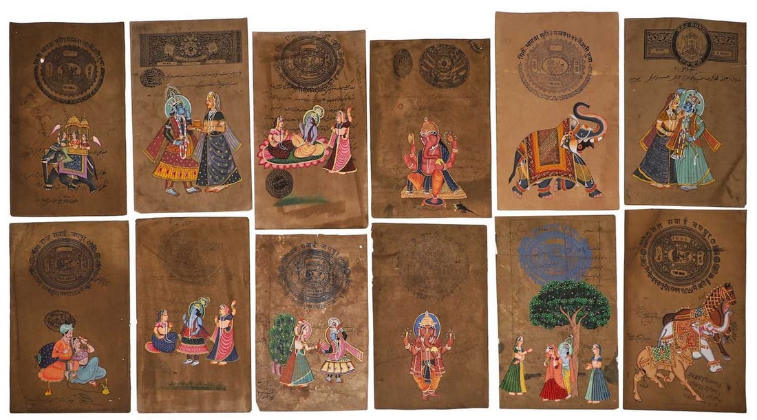 Twelve hand-painted Indian paintings 1950s and later, (1 of 1)